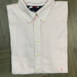 Tommy Hilfiger Shirt Mens XXL Pink Oxford Stripe‎ Long Sleeve Button Down Preppy
